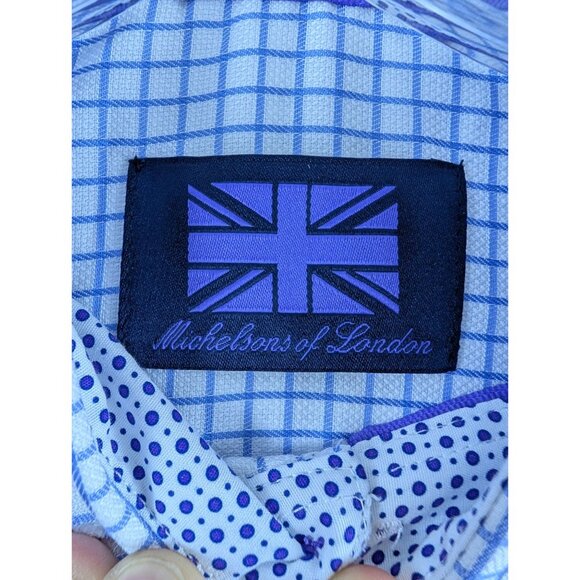 Michelsons of London Men's Medium Regular-Fit Blue Check Dress Shirt Long Sleeve - Picture 10 of 15
